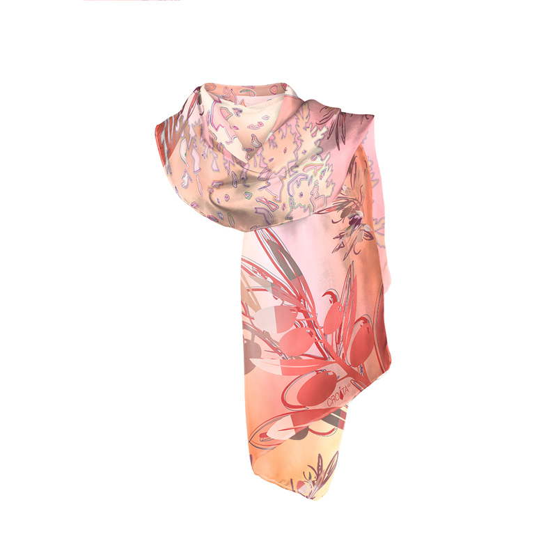 Shawl CROATA Thematic Shawl, thematic Olive tree Peach  Silk 100%  