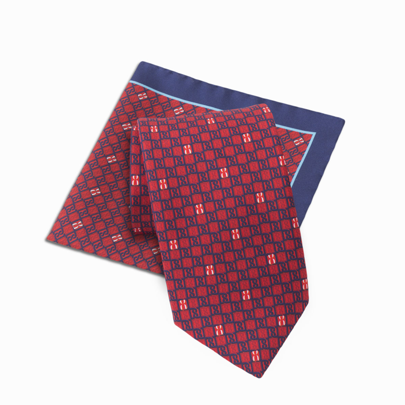 Cravat and pocket square set CROATA Thematic Set of 2 products Braiding and glagolitic alphabet Red  Silk 100%  