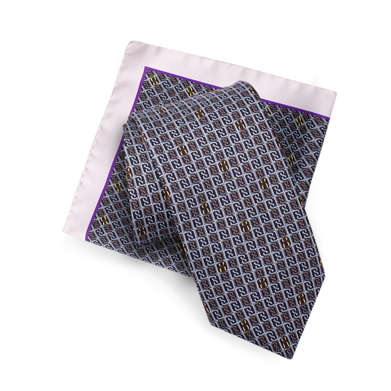 Cravat and pocket square set CROATA Clasicum Thematic Set of 2 products Braiding and glagolitic alphabet Grey  Silk 100%  