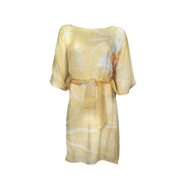 Kaftan CROATA Dubrovnik Thematic Semi-long Braiding and glagolitic alphabet Yellow  Silk 100%  