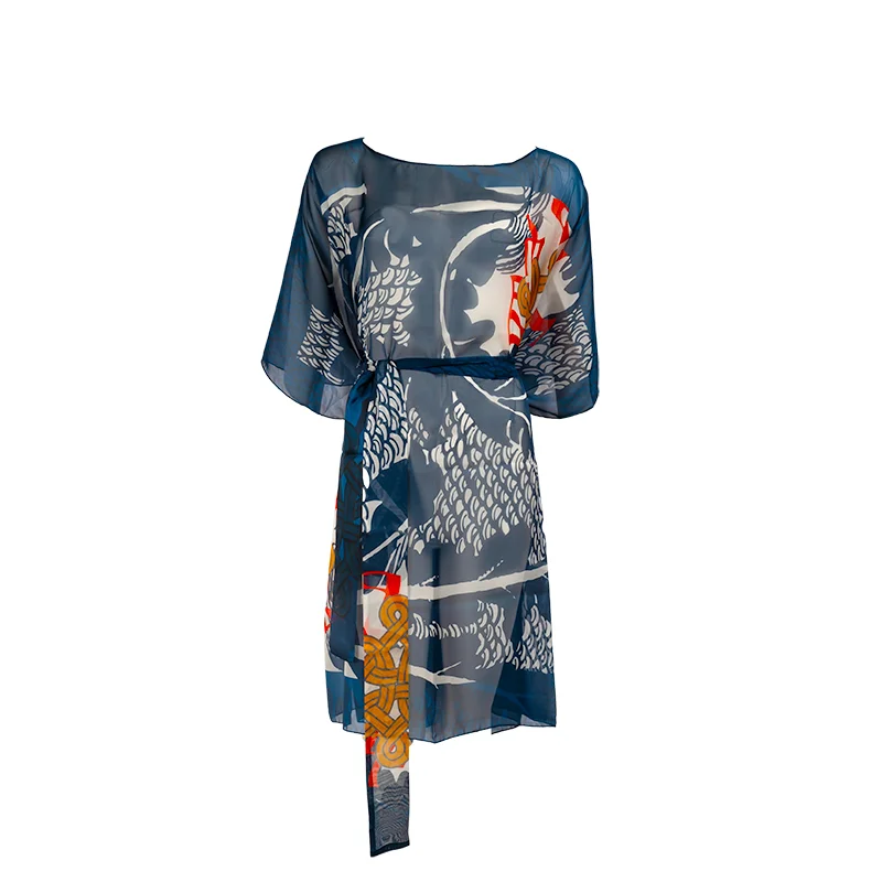 Kaftan CROATA Thematic Semi-long Braiding and glagolitic alphabet Dark blue  Silk 100%  