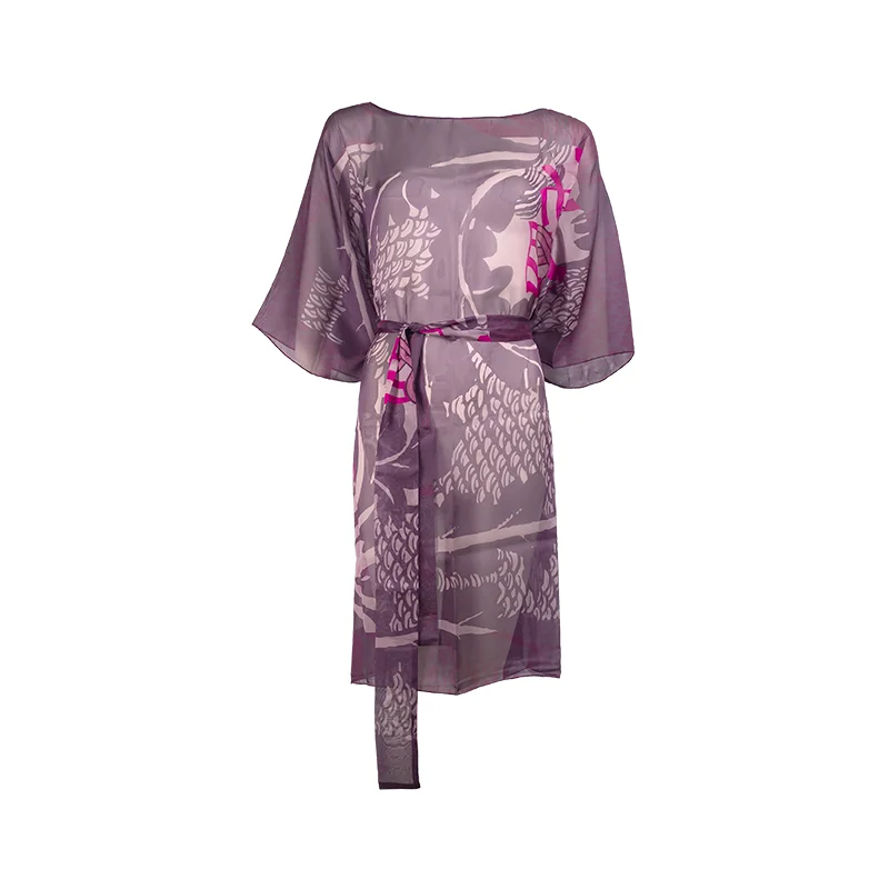 Kaftan CROATA Thematic Semi-long Braiding and glagolitic alphabet Purple  Silk 100%  